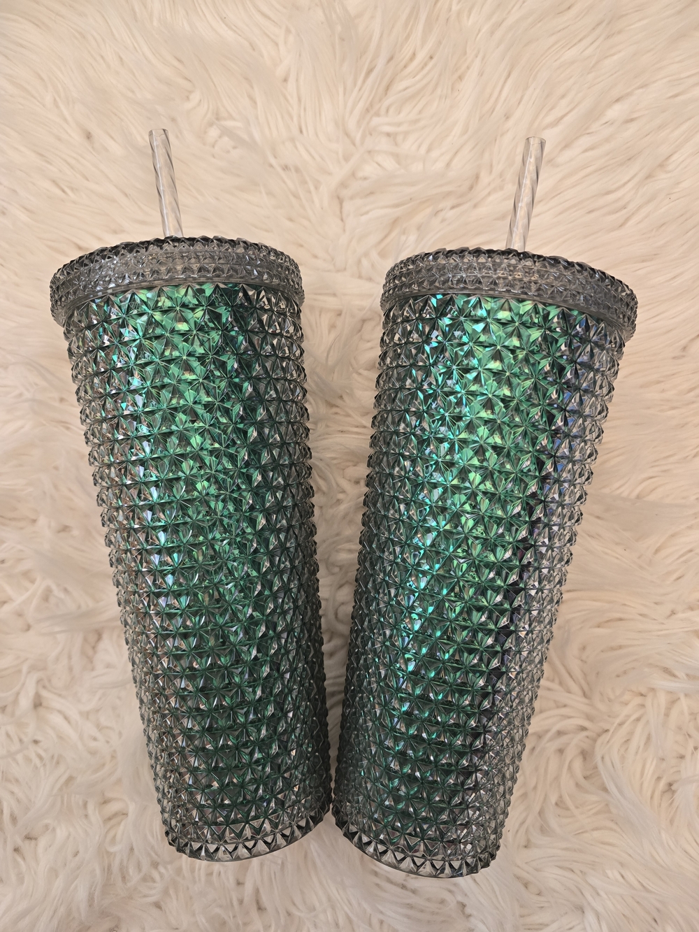 Pair of Textured Green Iridescent Studded Tumblers with Lids